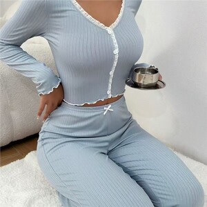 新款欧美家居服亚马逊睡衣长袖长裤修身性感花边双长套装Pajamas