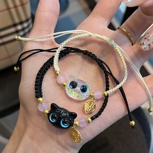 สร้อยข้อมือเชือกถัก จี้หัวแมวดำขาว สไตล์ ins สำหรับคู่รัก/เพื่อนสนิท