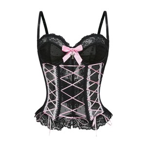 Cross Lace Tank Top跨境热款蝴蝶结交叉蕾丝鱼骨背心塑身胸衣