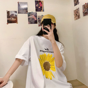 小雏菊2024春夏季韩版新款短袖T恤女宽松大码菊花印花衣服ins女装