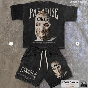 欧美暗黑风 PARADISE字母印花套装男士街头休闲T恤五分裤外贸批发