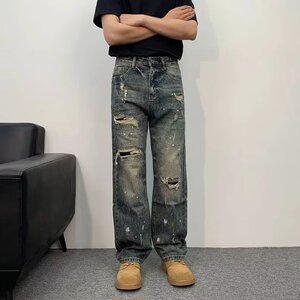 重工破洞美式复古做旧小直筒痞帅垂感阔腿牛仔裤男个性泼墨直筒裤